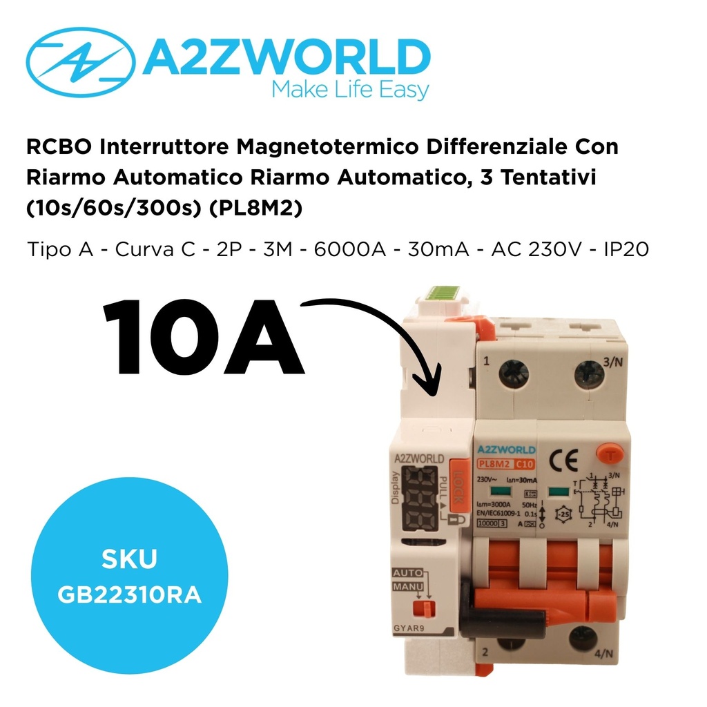 RCBO Interruttore Magnetotermico Differenziale Con Riarmo Automatico, Tipo A Curva C 2P Veri 3M 6000A 30mA, C10A  AC 230V IP20 PL8M2, 3 Tentativi (10s/60s/300s)
