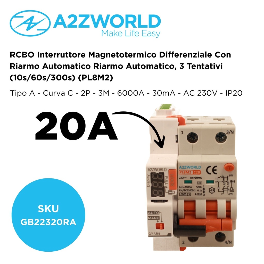 RCBO Interruttore Magnetotermico Differenziale Con Riarmo Automatico, Tipo A Curva C 2P Veri 3M 6000A 30mA, C20A  AC 230V IP20 PL8M2, 3 Tentativi (10s/60s/300s)