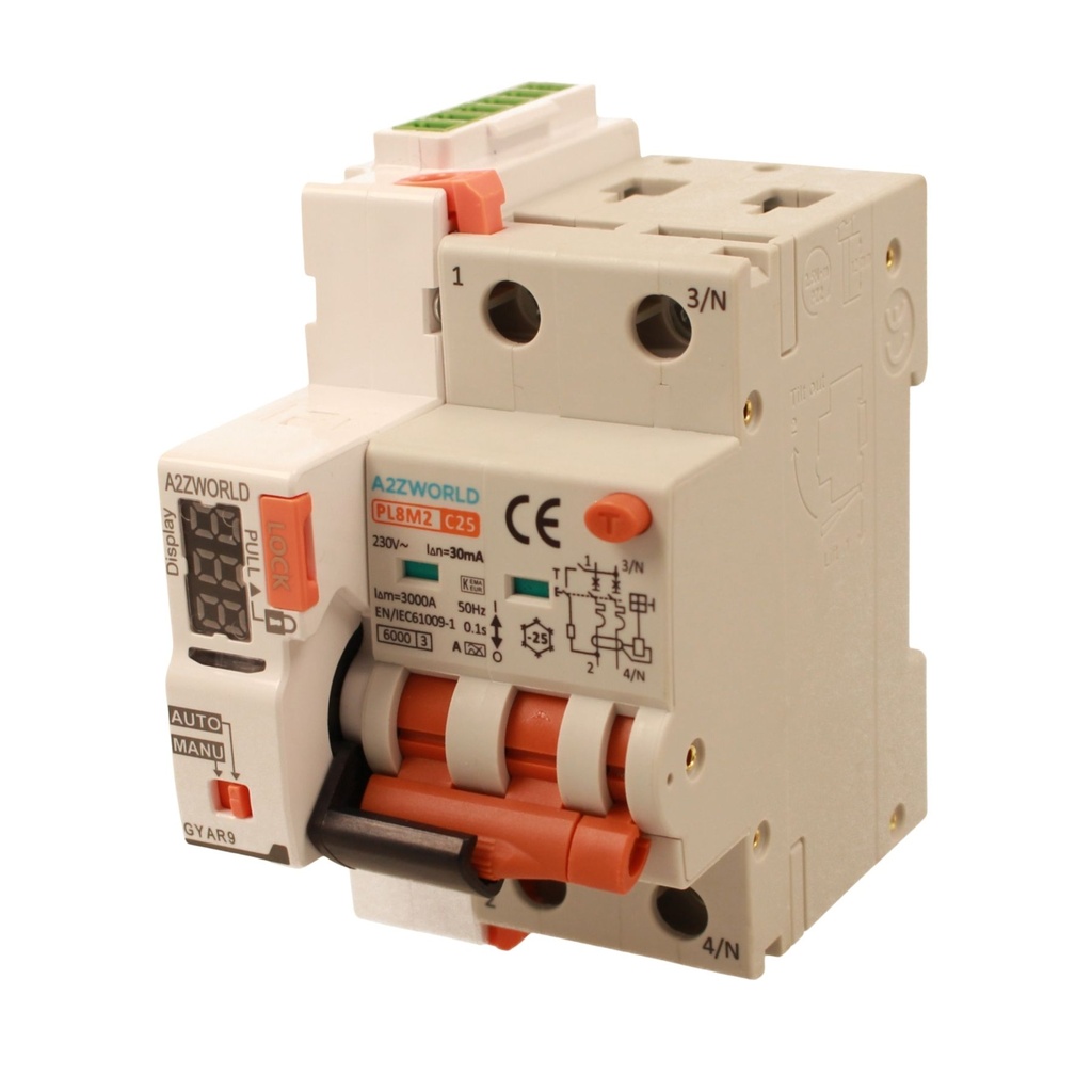 RCBO Interruttore Magnetotermico Differenziale Con Riarmo Automatico, Tipo A Curva C 2P Veri 3M 6000A 30mA, C25A  AC 230V IP20 PL8M2, 3 Tentativi (10s/60s/300s)