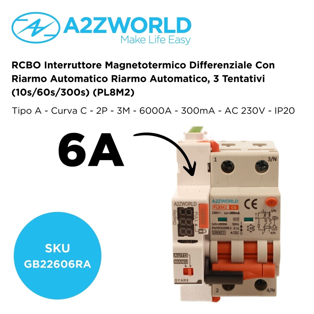 RCBO Interruttore Magnetotermico Differenziale Con Riarmo Automatico, Tipo A Curva C 2P Veri 3M 6000A 300mA, C6A  AC 230V IP20 PL8M2, 3 Tentativi (10s/60s/300s)