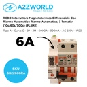 RCBO Interruttore Magnetotermico Differenziale Con Riarmo Automatico, Tipo A Curva C 2P Veri 3M 6000A 300mA, C6A  AC 230V IP20 PL8M2, 3 Tentativi (10s/60s/300s)