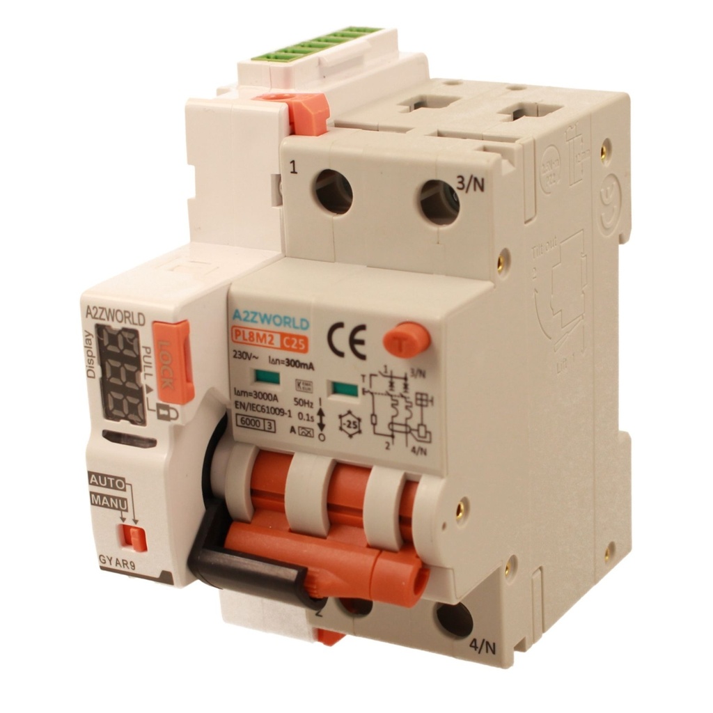 RCBO Interruttore Magnetotermico Differenziale Con Riarmo Automatico, Tipo A Curva C 2P Veri 3M 6000A 300mA, C25A  AC 230V IP20 PL8M2, 3 Tentativi (10s/60s/300s)