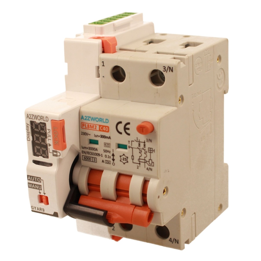 RCBO Interruttore Magnetotermico Differenziale Con Riarmo Automatico, Tipo A Curva C 2P Veri 3M 6000A 300mA, C40A  AC 230V IP20 PL8M2, 3 Tentativi (10s/60s/300s)