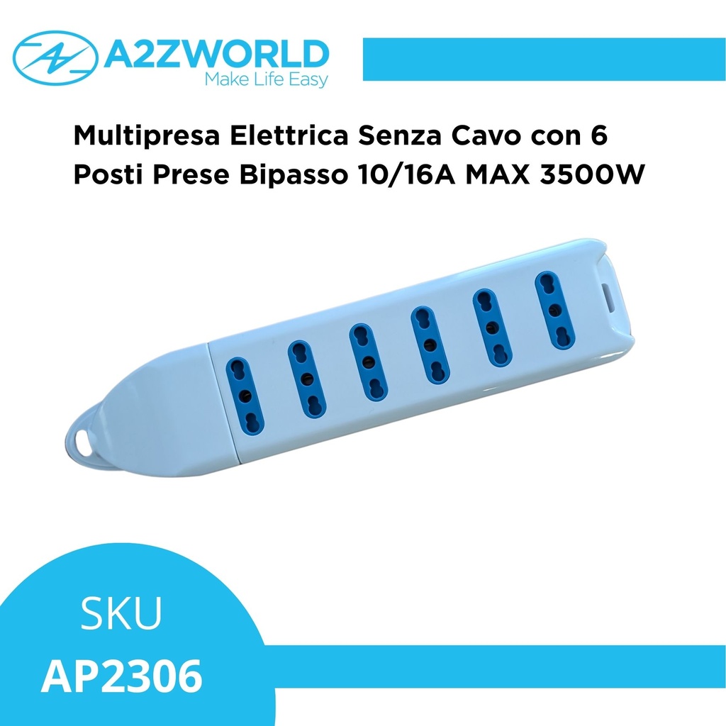 Multipresa Ciabatta Elettrica Con 6 Posti Prese Bipasso 10/16A, Multipresa Senza Cavo Max 3500W, Colore
