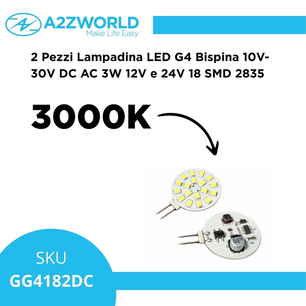2 Pezzi Lampadina LED G4 Bispina 10V-30V DC AC 3W 12V e 24V Bianco Caldo 3000K 18 SMD 2835