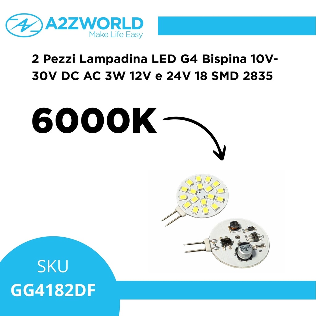 2 Pezzi Lampadina LED G4 Bispina DC AC 3W 12V e 24V Bianco Freddo 6000K 18 SMD 2835 10V-30V
