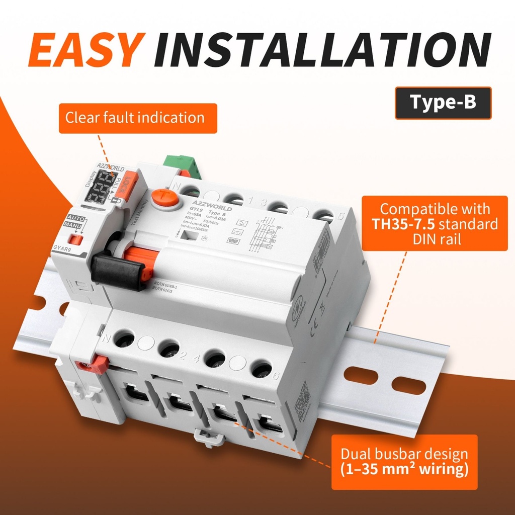 RCCB Interruttore Differenziale Riarmo Automatico Tipo B 3P+N 5M 10000A 30mA 63A AC 400V IP20 IEC61008-1 / IEC62423 GYL9