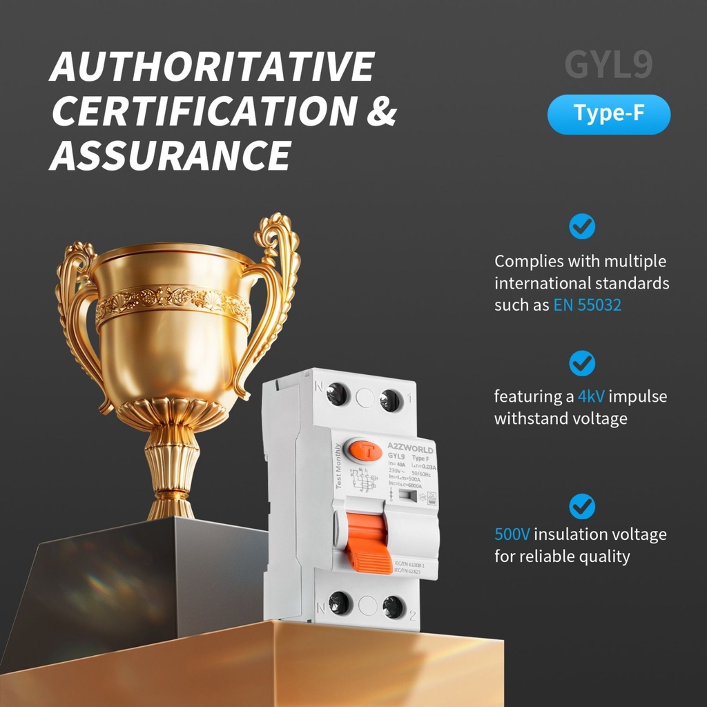 RCCB Interruttore Differenziale Puro Tipo F 1P+N 2M 6000A 300mA 16A AC 230V IP20 IEC61008-1 GYL9