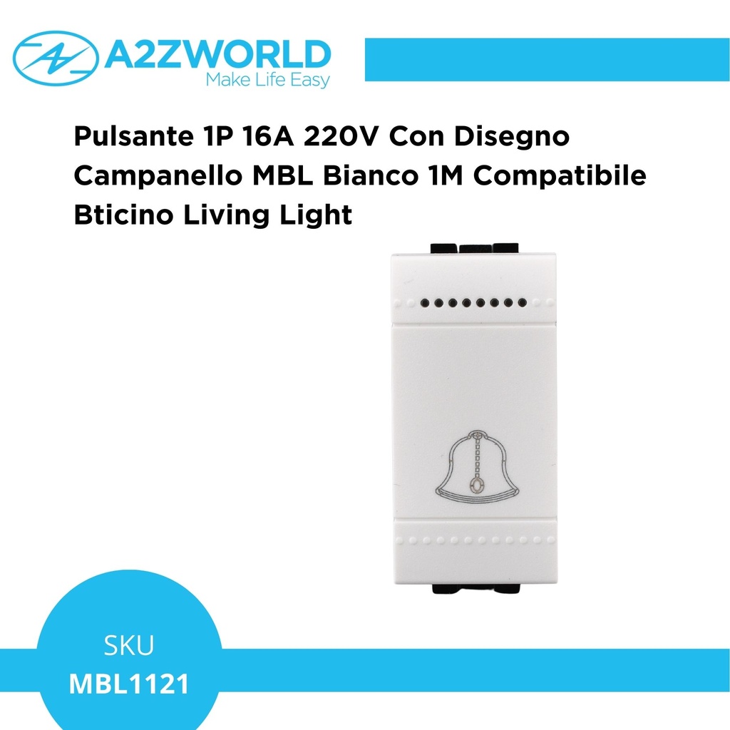 Pulsante 1P 16A 220V Con Disegno Campanello MBL Bianco 1M Compatibile Bticino Living Light