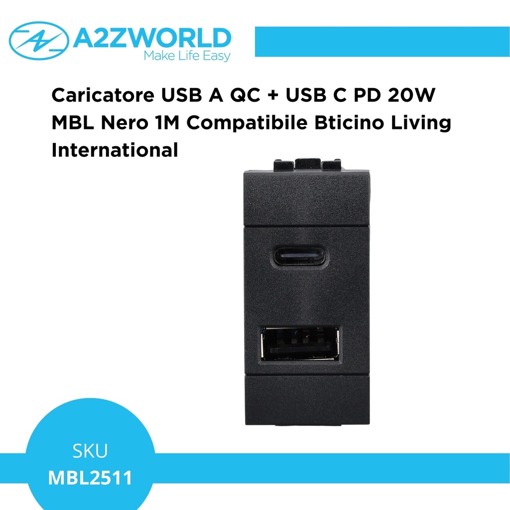 Caricatore USB A QC + USB C PD 20W MBL Nero 1M Compatibile Bticino Living International BLN3002