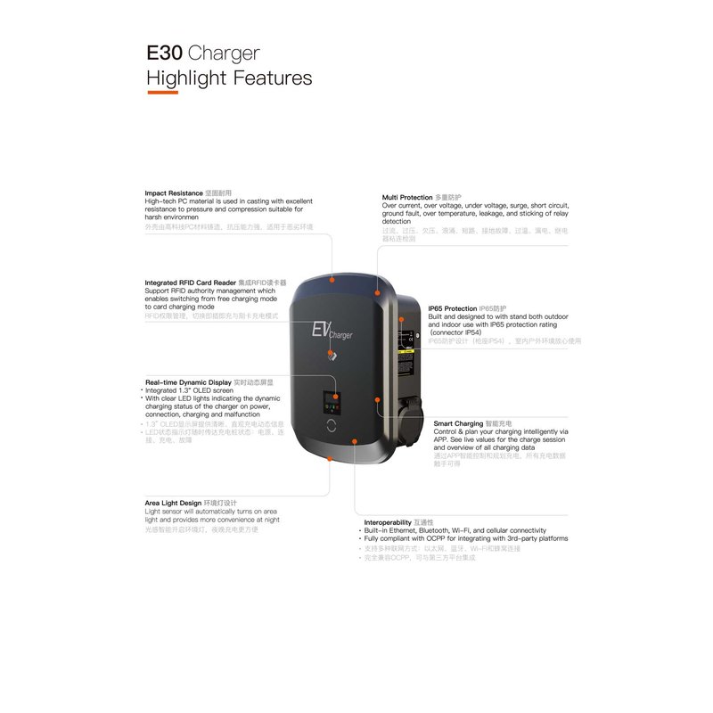 Stazione di Ricarica per Veicoli Elettrici con Connettore Type 2 Ricarica Monofase e Trifase IP65 LCD OLED Wi-Fi/Bluetooth/NFC/LTE 7.4 kW/22 kW Protezioni Avanzate Montaggio a Parete o su Supporto