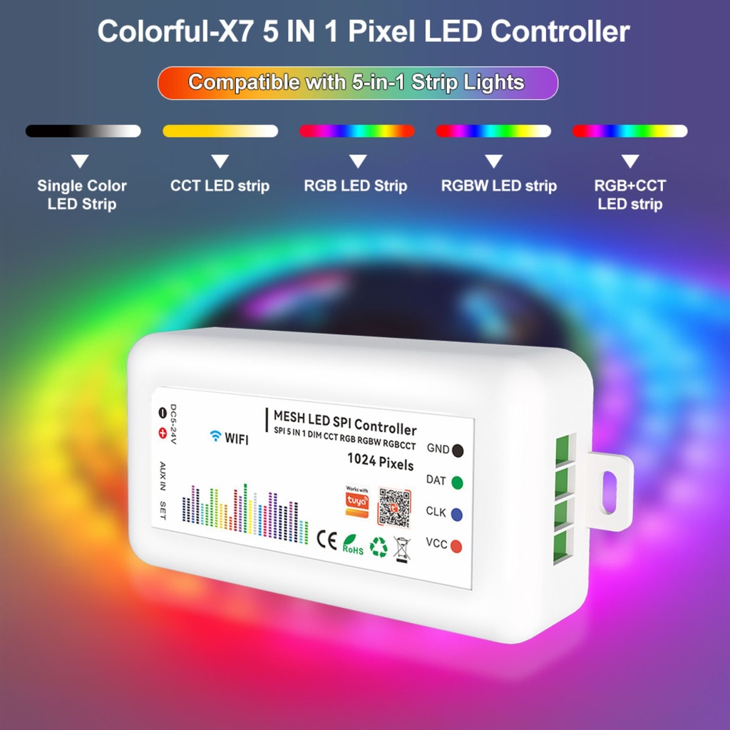 Centralina Controller SPI WS2815 5 In 1 WIFI, RF 2.4G TUYA, Smart Life, Max 15A Tot. (6A/CH) DC5-24V 360W, per Striscia Led Magic Colore Mono Colore, CCT, RGB, RGBW, RGBCCT