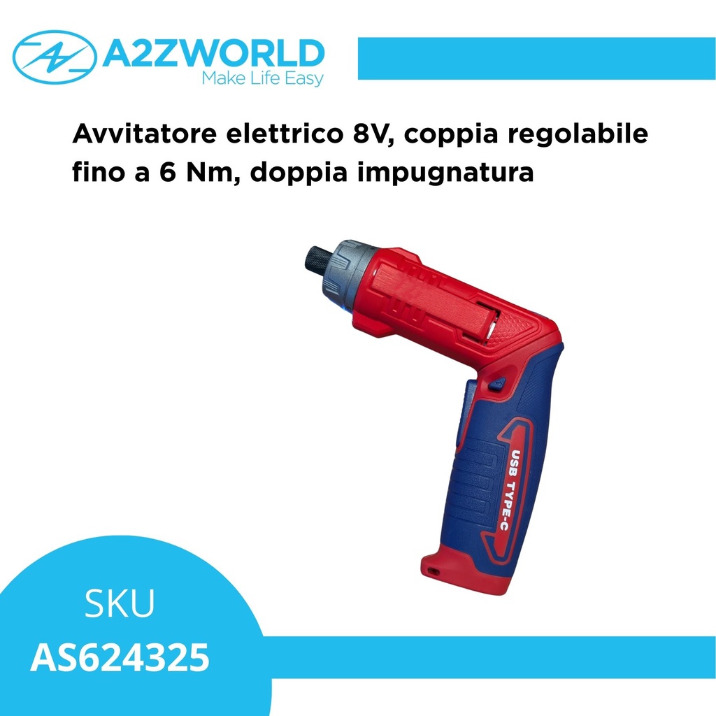 Avvitatore elettrico 8V, coppia regolabile fino a 6 Nm, doppia impugnatura
