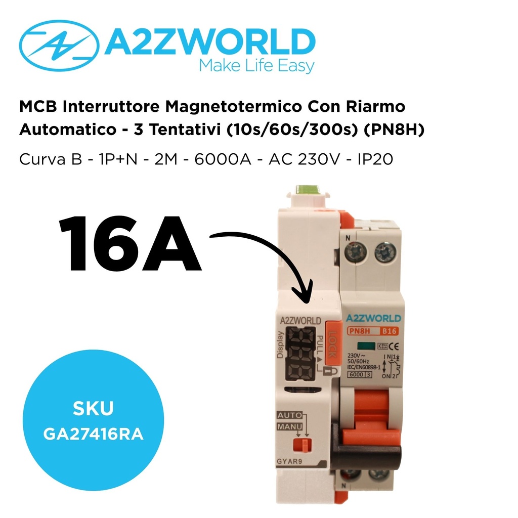 MCB Interruttore Magnetotermico Con Riarmo Automatico, Curva B 1P+N 2M 6000A AC 230V PN8H, 3 Tentativi (10s/60s/300s)