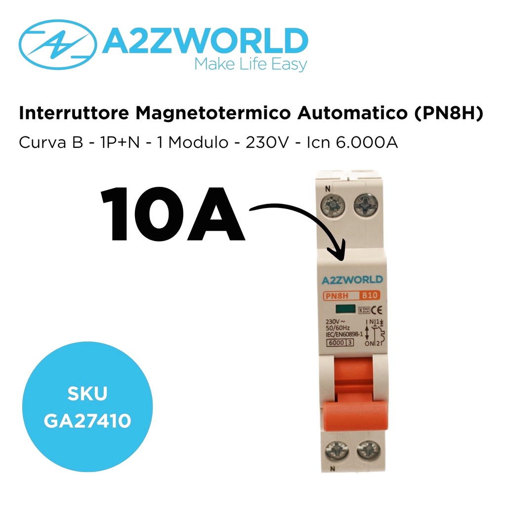 MCB Interruttore Magnetotermico Automatico Curva B 1P+N 1M 6000A AC 230V IP20 PN8H, Corrente Disponibili 6A 10A 16A 20A 25A 32A