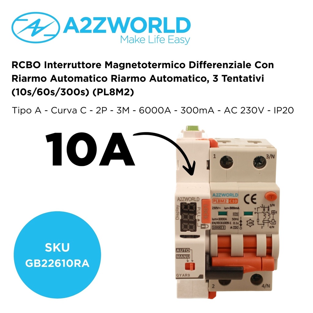 RCBO Interruttore Magnetotermico Differenziale Con Riarmo Automatico, Tipo A - SI Curva C 2P Veri 3M 6000A 300mA, AC 230V IP20 PL8M2, 3 Tentativi (10s/60s/300s), Corrente Disponibili 6A 10A 16A 20A 25A 32A 40A