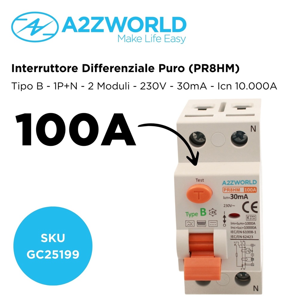 RCCB Interruttore Differenziale Puro Tipo B 1P+N 2M 10000A 30mA AC 230V IP20 IEC61008-1 / IEC62423 PR8HM, Corrente Disponibili 25A 40A 63A 100A