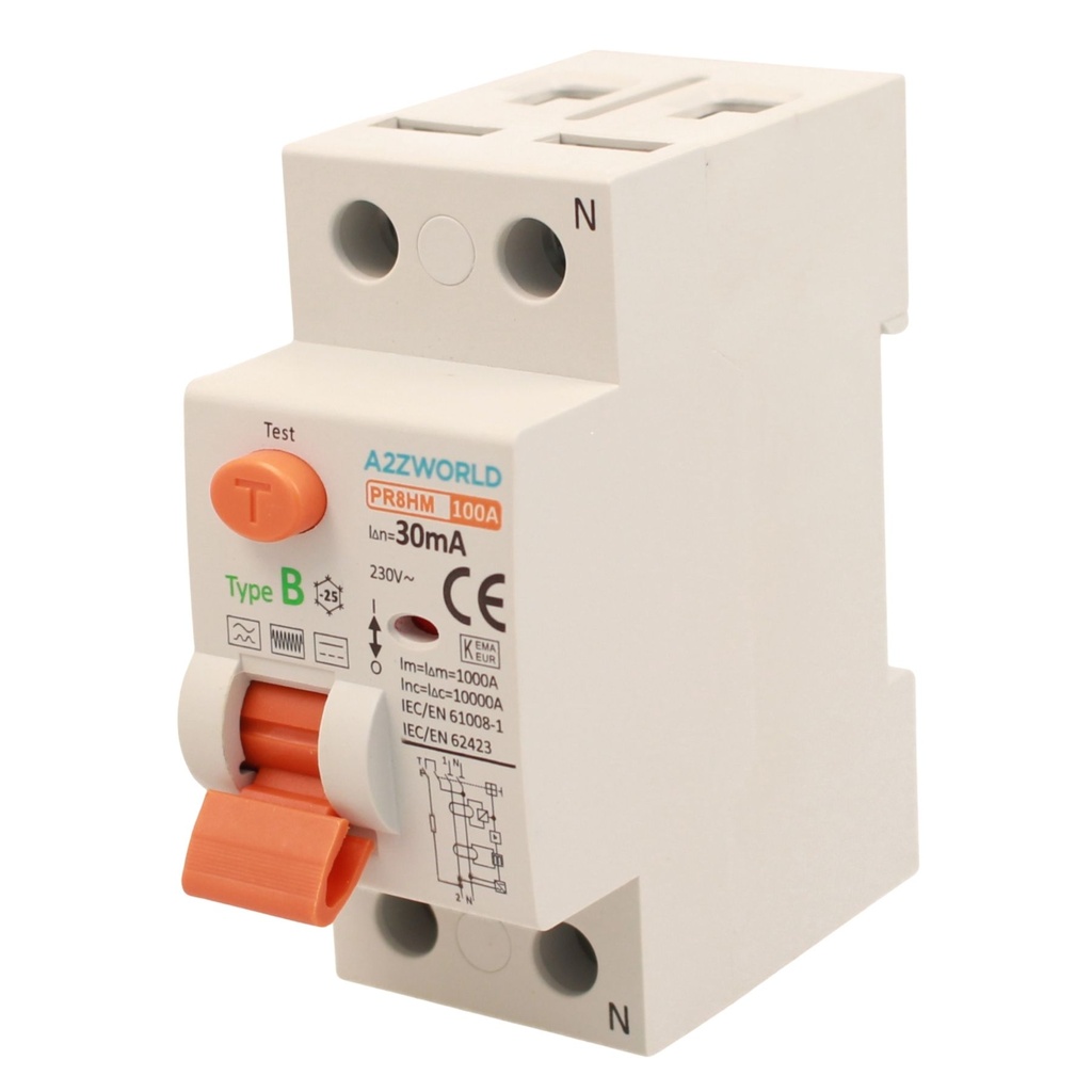 RCCB Interruttore Differenziale Puro Tipo B 1P+N 2M 10000A 30mA AC 230V IP20 IEC61008-1 / IEC62423 PR8HM, Corrente Disponibili 25A 40A 63A 100A