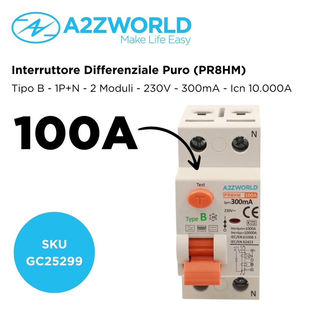 RCCB Interruttore Differenziale Puro Tipo B 1P+N 2M 10000A 300mA AC 230V IP20 IEC61008-1 / IEC62423 PR8HM, Corrente Disponibili 25A 40A 63A 100A