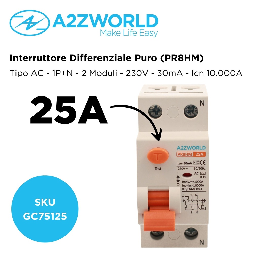 RCCB Interruttore Differenziale Puro Tipo AC 1P+N 2M 10000A 30mA AC 230V IP20 IEC61008-1 PR8HM, Corrente Disponibili 25A 40A 63A 
