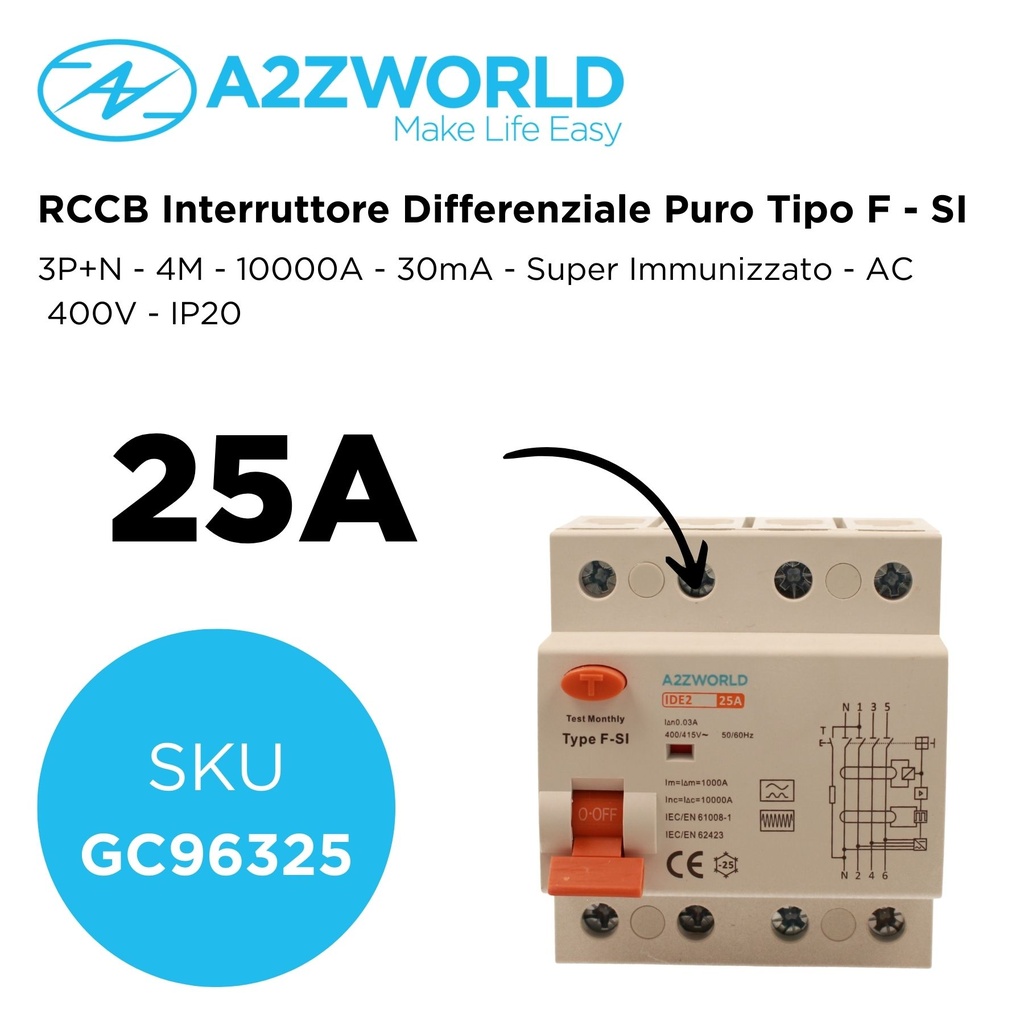 RCCB Interruttore Differenziale Puro Tipo F - SI 3P+N 4M 10000A 30mA Super Immunizzato AC 400V IP20 IEC61008-1, Corrente Disponibili 25A 40A 63A 