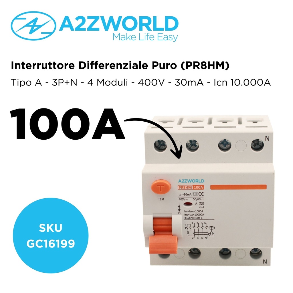 RCCB Interruttore Differenziale Puro Tipo A 3P+N 4M 10000A 30mA AC 400V IP20 IEC61008-1 PR8HM, Corrente Disponibili 40A 63A 100A