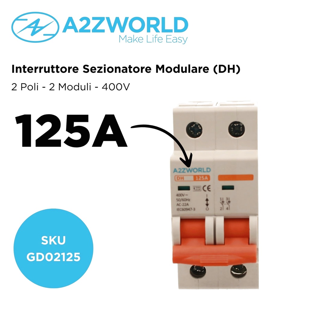 Interruttore Sezionatore Modulare 2P 2M 25A AC 400V IP20 IEC60947-3 DH, Corrente Disponibili 25A 40A 63A 125A
