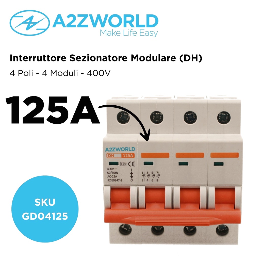 Interruttore Sezionatore Modulare 4P 4M 63A AC 400V IP20 IEC60947-3 DH, Corrente Disponibili 40A 63A 125A