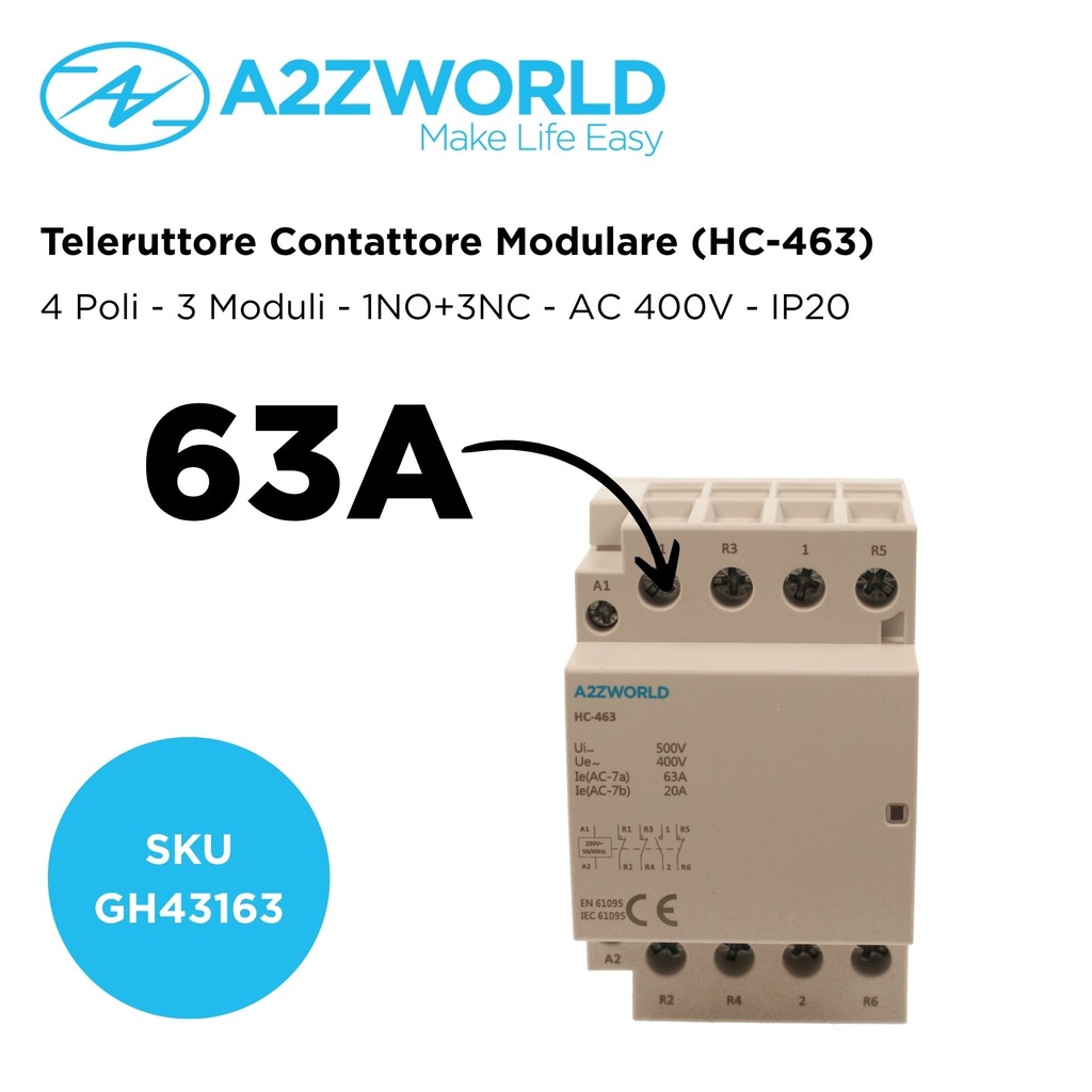 Teleruttore Contattore Modulare AC 4P 3M 63A AC 400V IP20 IEC61095 / IEC60947-4-1 HC-463, Disponibili 1NO+3NC,2NO+2NC,3NO+1NC,4NO