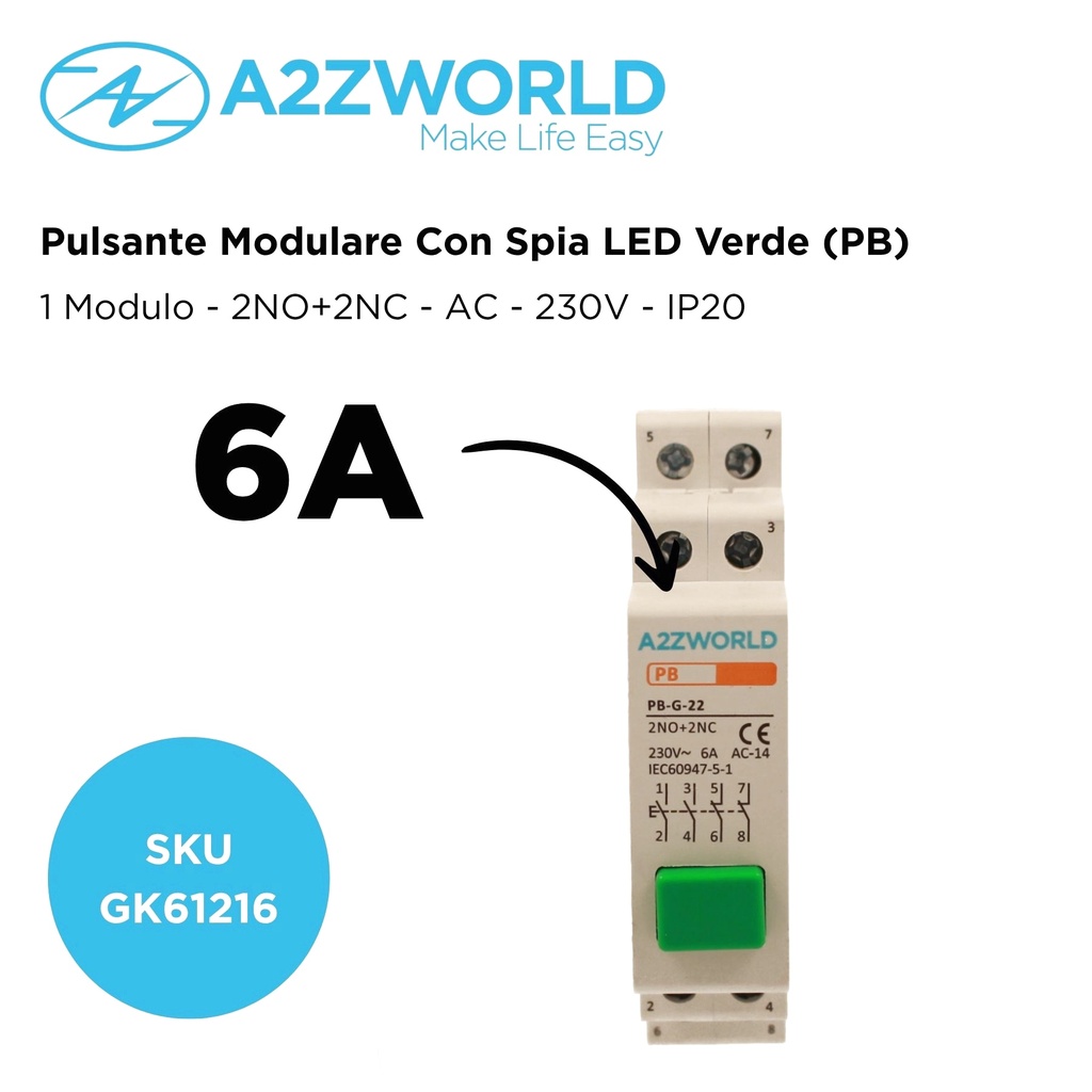 Pulsante Modulare Con Spia Luce Led Verde 1M 6A AC 230V IP20 IEC60947-5-1 PB, Disponibili 2NO+2NC,3NO+1NC,4NO