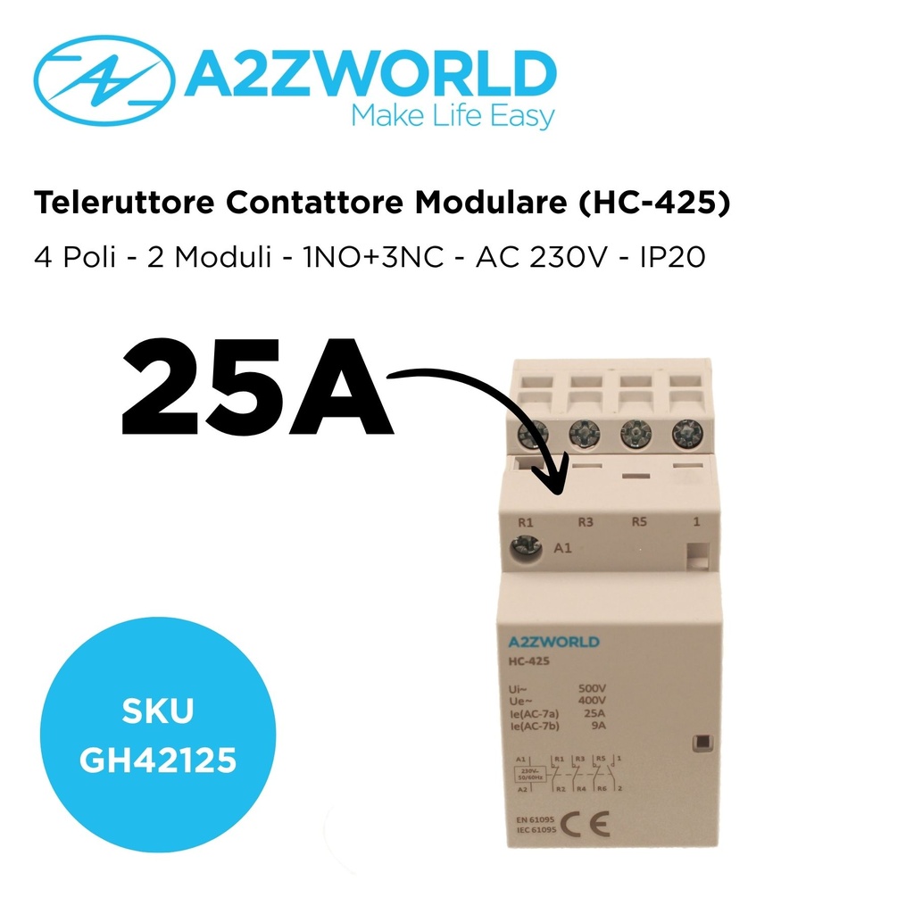 Teleruttore Contattore Modulare AC 4P 2M 25A AC 230V IP20 IEC61095 / IEC60947-4-1 HC-425, Disponibili 1NO+3NC,2NO+2NC,3NO+1NC,4NO