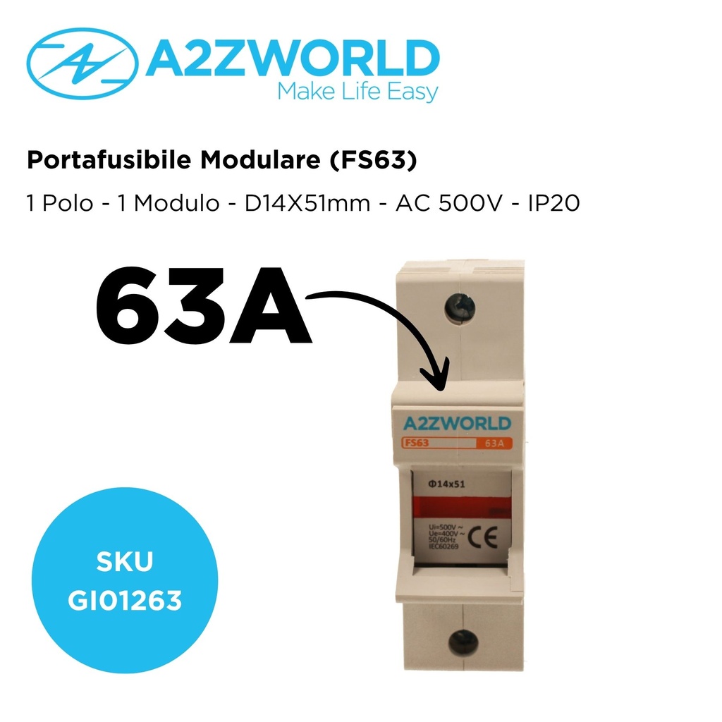 Portafusibile Modulare AC D14X51mm 63A AC 500V IP20 IEC60269 FS63, Disponibili 1P 1M,2P 2M,4P 4M