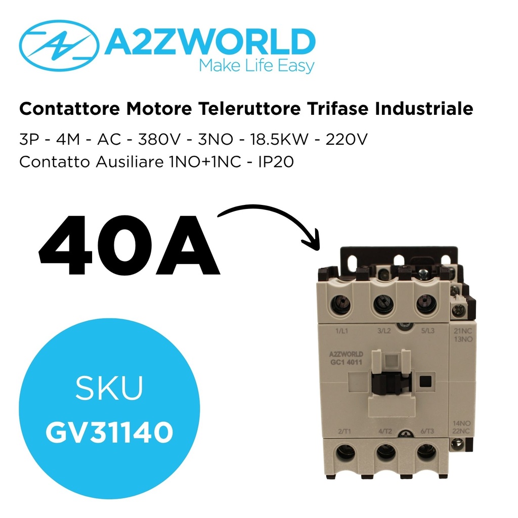 Contattore Motore 3P 4M, Teleruttore Trifase Industriale AC 380V 3NO, Bobina 220V AC, Contatto Ausiliare 1NO+1NC, IP20 IEC60947-4-1, Disponibili 40A 18.5KW,50A 22KW,65A 30KW,80A 37KW,95A 45KW 
