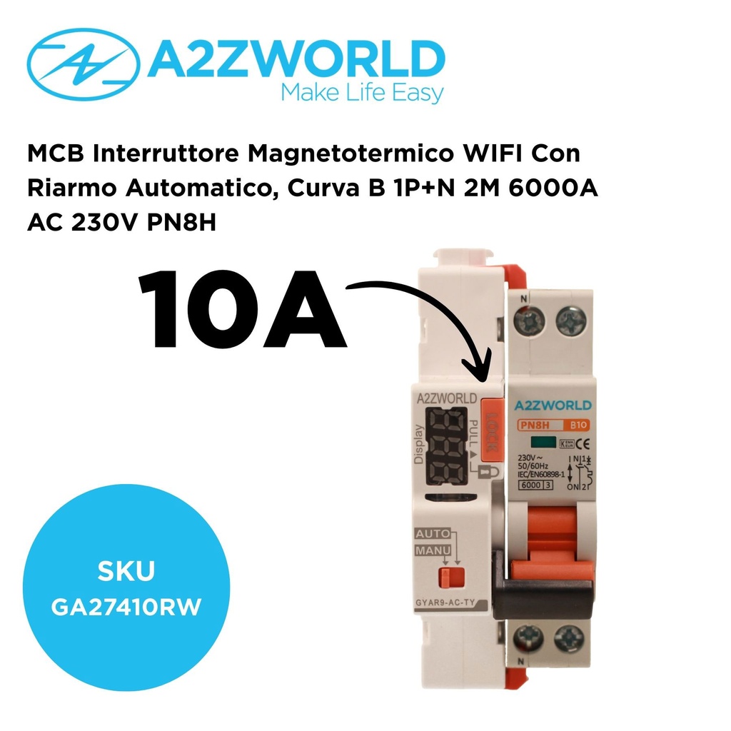 MCB Interruttore Magnetotermico WIFI Con Riarmo Automatico, Curva B 1P+N 2M 6000A AC 230V PN8H, Disponibile 6A 10A 16A 20A 25A 32A