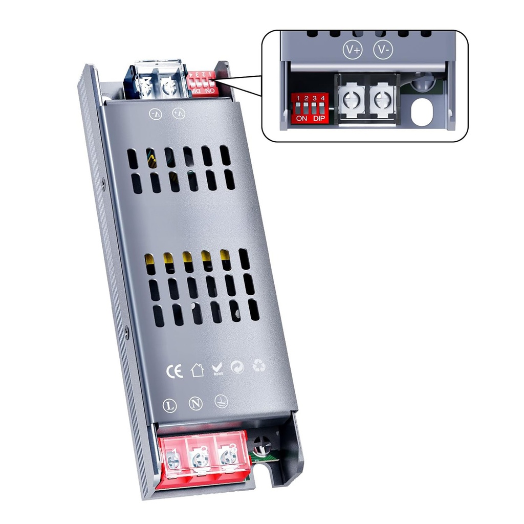 Alimentatore LED 24V DC, trasformatore 220–240V AC IP20 uso interno, Disponibili 60W 100W 150W 200W 300W 400W