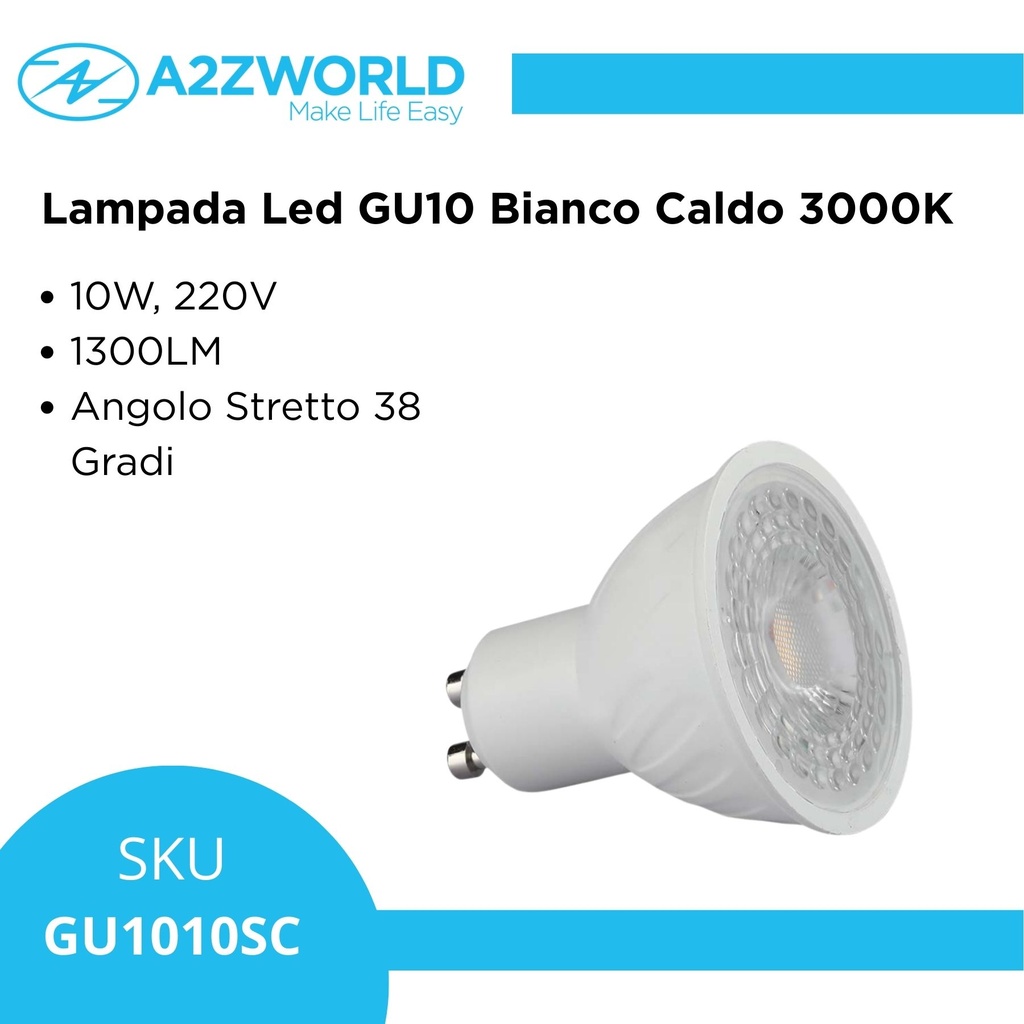 Lampada Led GU10 10W 1300LM Angolo Stretto 38 Gradi 220V D50X58mm, Disponibili 3000K 4000K 6500K