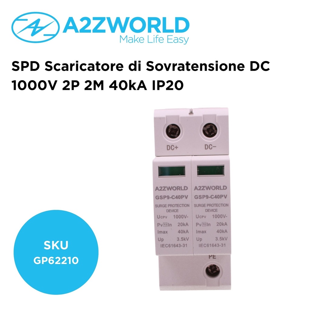 A2ZWORLD SPD Scaricatore di Sovratensione DC 1000V 2P 2M 40kA IP20