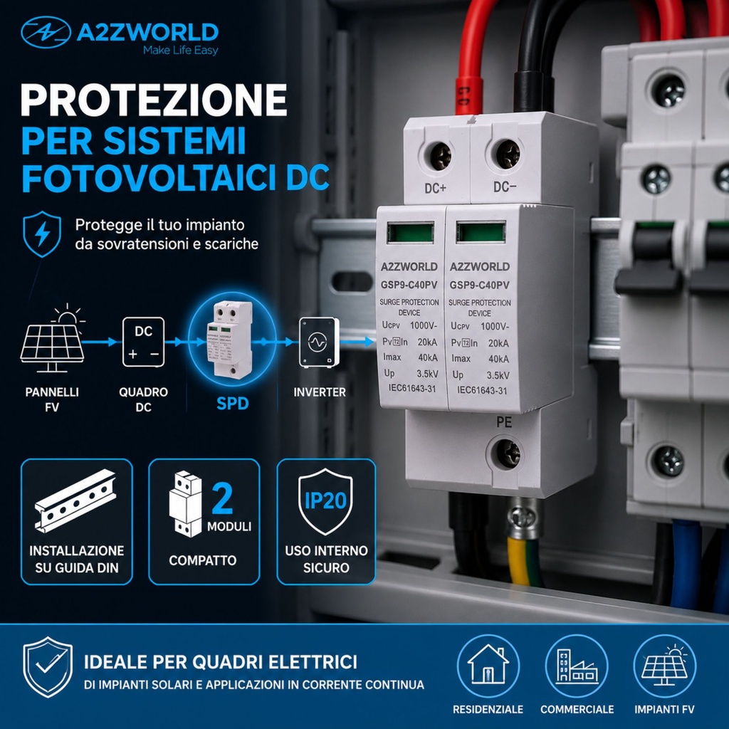 A2ZWORLD SPD Scaricatore di Sovratensione DC 1000V 2P 2M 40kA IP20