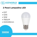 2 Pezzi Lampada A Led, Lampadina E27 G45 12W 1160LM D45X85mm, Disponibili 3000K 4200K 6500K