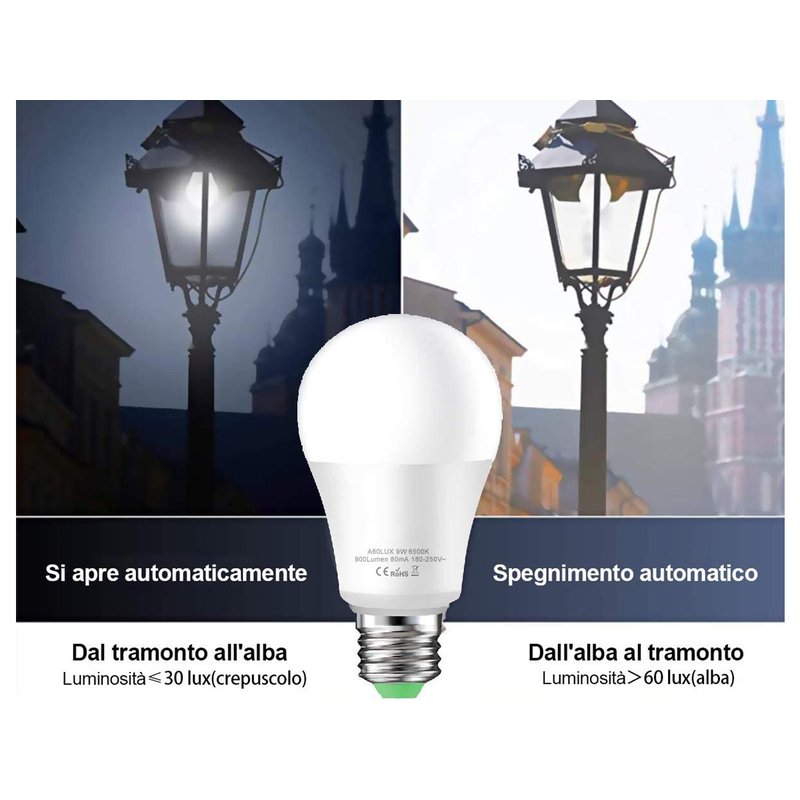Lampada A Led E27 Con Sensore Crepuscolare 9W 900 Lumen A60 Day Night Sensor, Disponibili 3000K 6500K