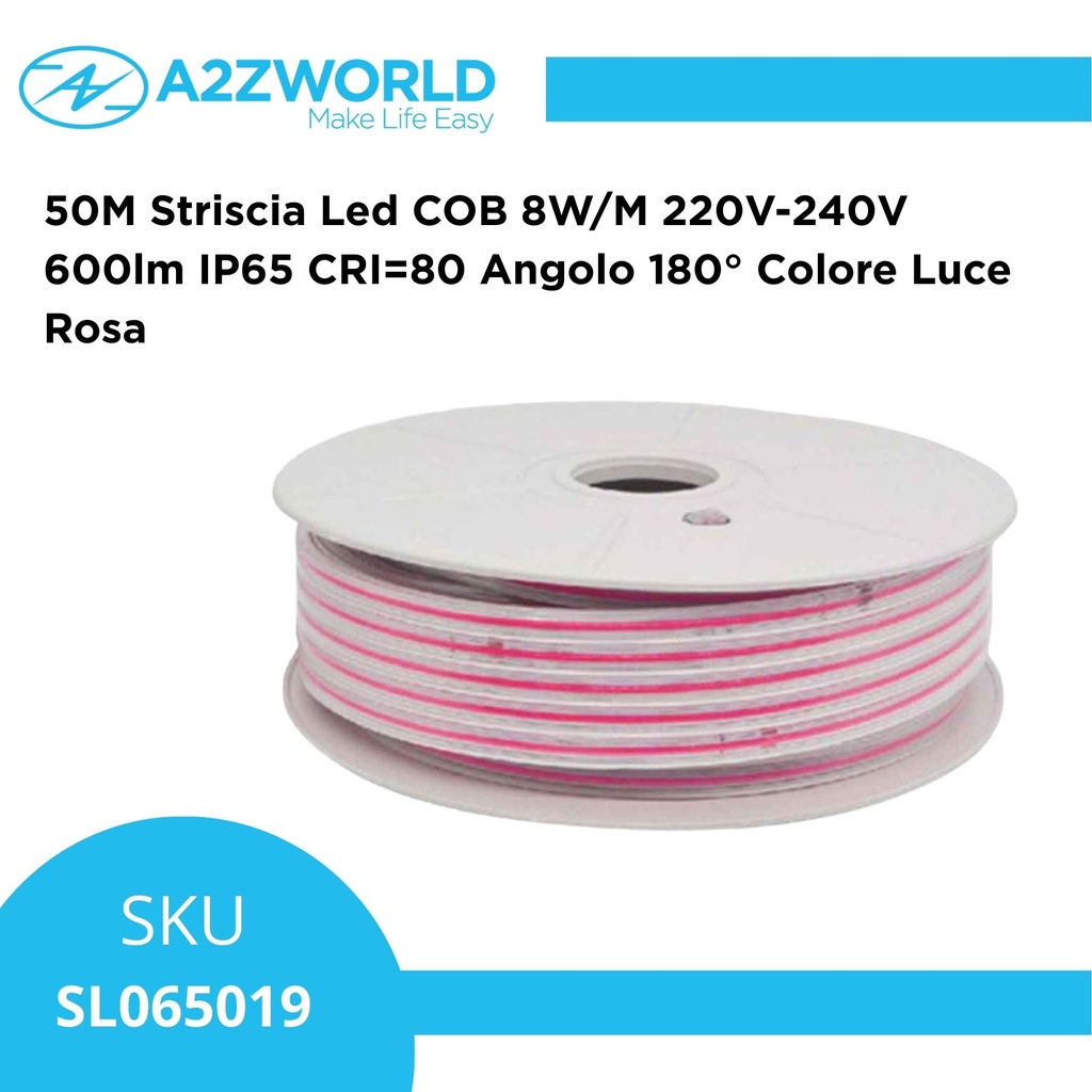 50M Striscia Led COB 8W/M 220V-240V 600lm IP65 CRI=80 Angolo 180°, 9 Colori Disponibili