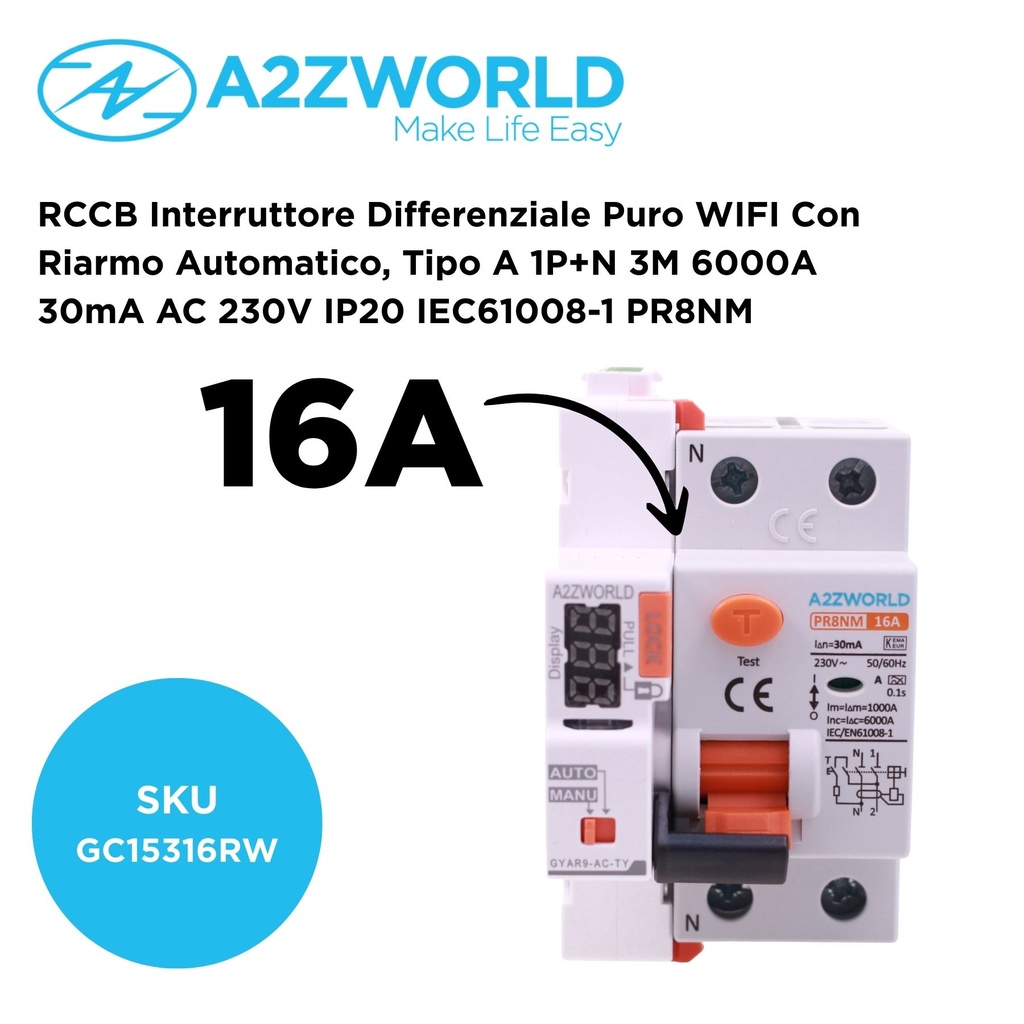 RCCB Interruttore Differenziale Puro WIFI Con Riarmo Automatico, Tipo A 1P+N 3M 6000A 30mA AC 230V IP20 IEC61008-1 PR8NM, Disponibili 16A 25A 32A 40A 63A