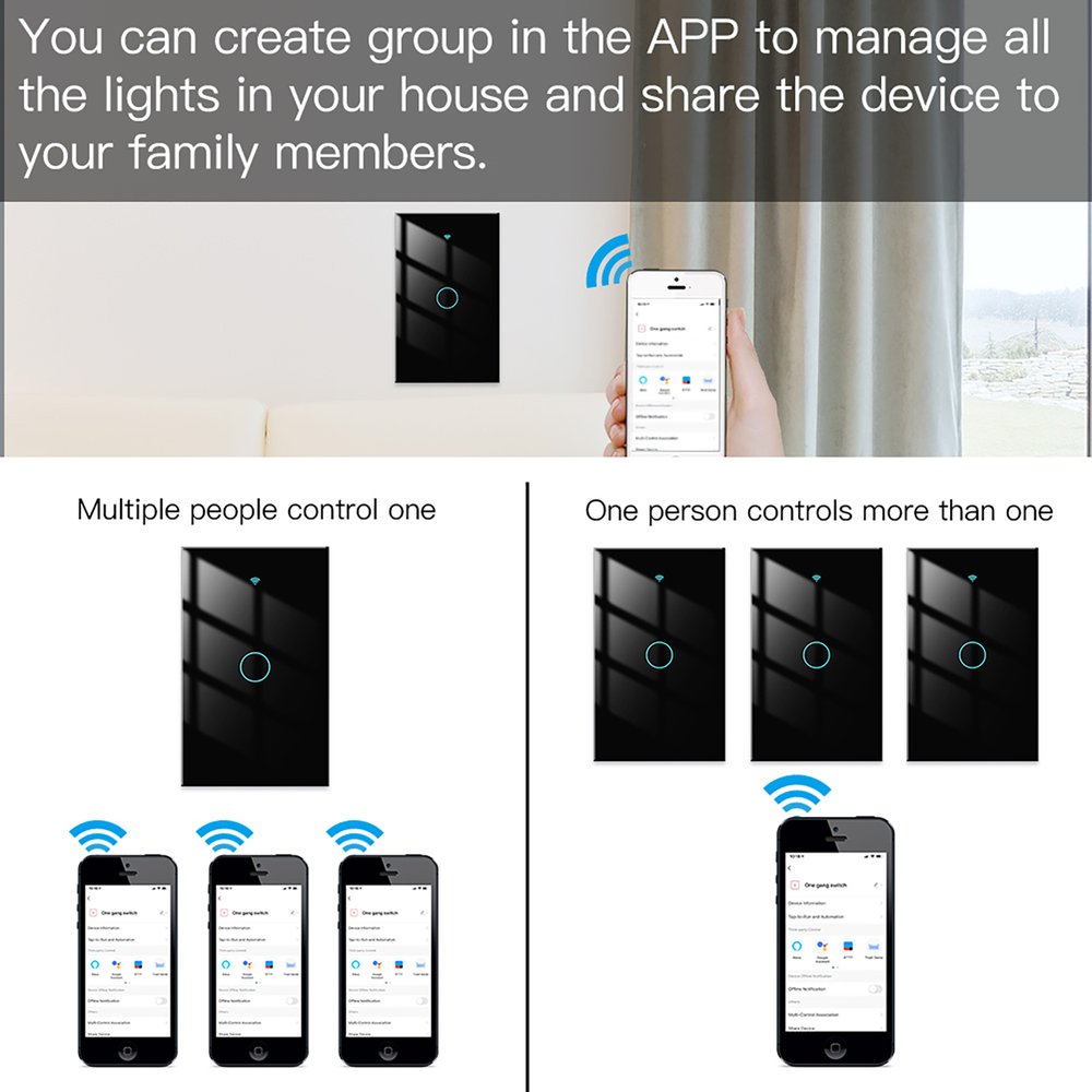 Interruttore Da Scatola 503, Touch Nero, WIFI 2.4G+BLE+RF 433MHz, Bluetooth BLE Mesh, TUYA Smart Life, 220V 10A, 120X72X38mm Per Scatola 503, IP20, Disponibili 1,2,3 Tasti