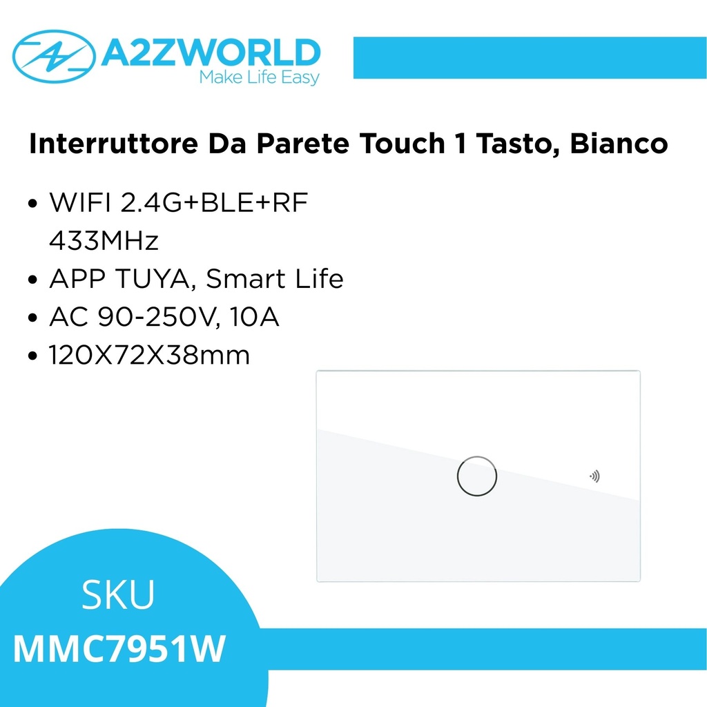 Interruttore Da Scatola 503, Touch Bianco, WIFI 2.4G+BLE+RF 433MHz, Bluetooth BLE Mesh, TUYA Smart Life, 220V 10A, 120X72X38mm Per Scatola 503, IP20,Disponibili 1,2,3 Tasti