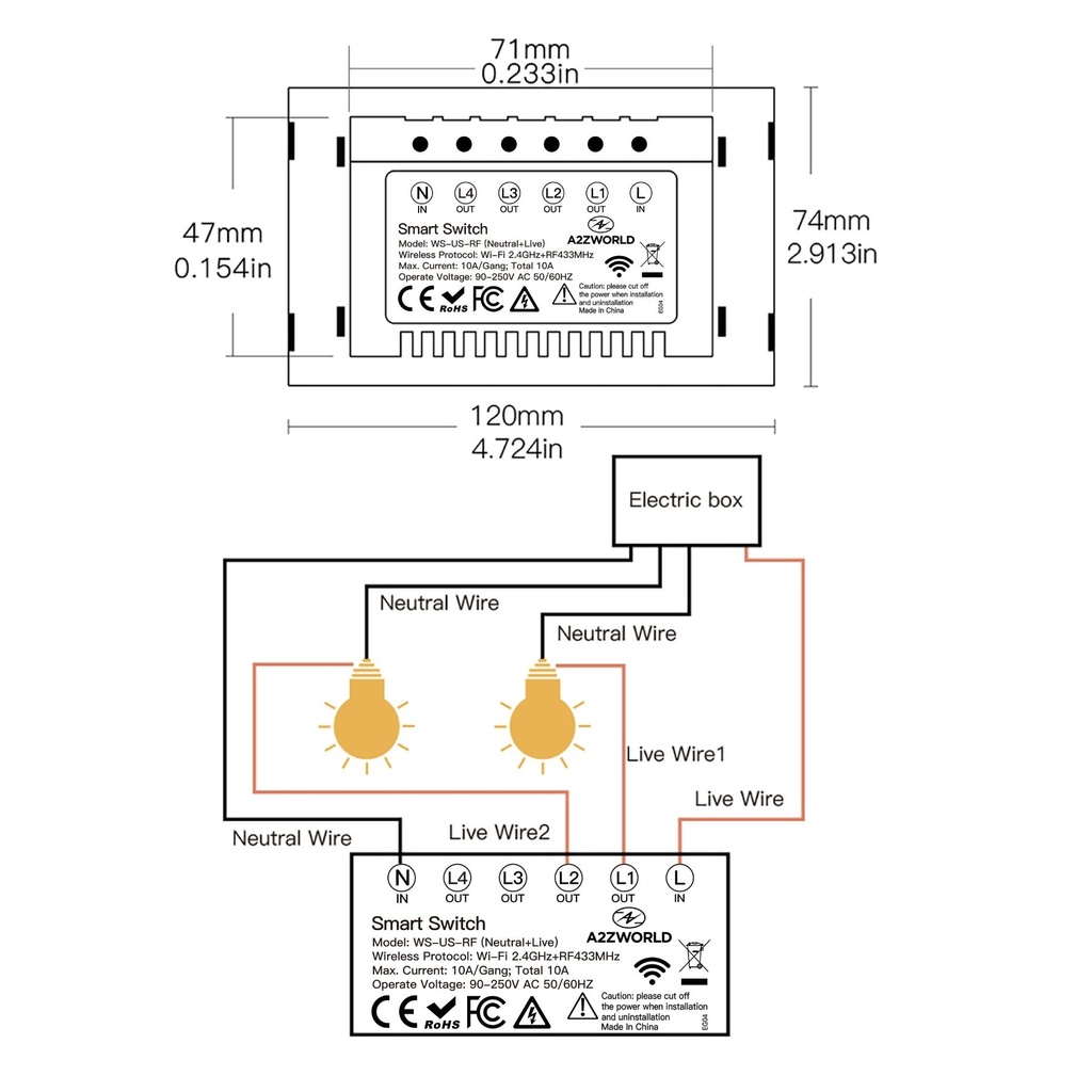 Interruttore Da Scatola 503, Touch Bianco, WIFI 2.4G+BLE+RF 433MHz, Bluetooth BLE Mesh, TUYA Smart Life, 220V 10A, 120X72X38mm Per Scatola 503, IP20,Disponibili 1,2,3 Tasti