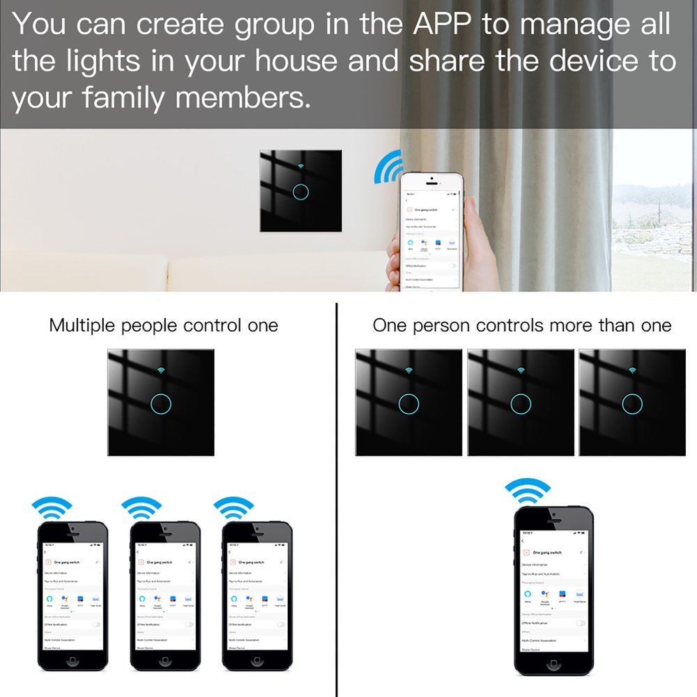 Interruttore Da Scatola 502, Touch Nero, WIFI 2.4G+BLE+RF 433MHz, Bluetooth BLE Mesh, TUYA Smart Life, 220V 10A, 86X86X30mm Per Scatola 502, IP20,Disponibili 1,2,3 Tasti