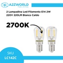 2 Lampadina Led Filamento E14 2W 220V 220LM,Per Frigorifero Vetro Trasparente D26X60mm, Disponibili 2700K 6500K
