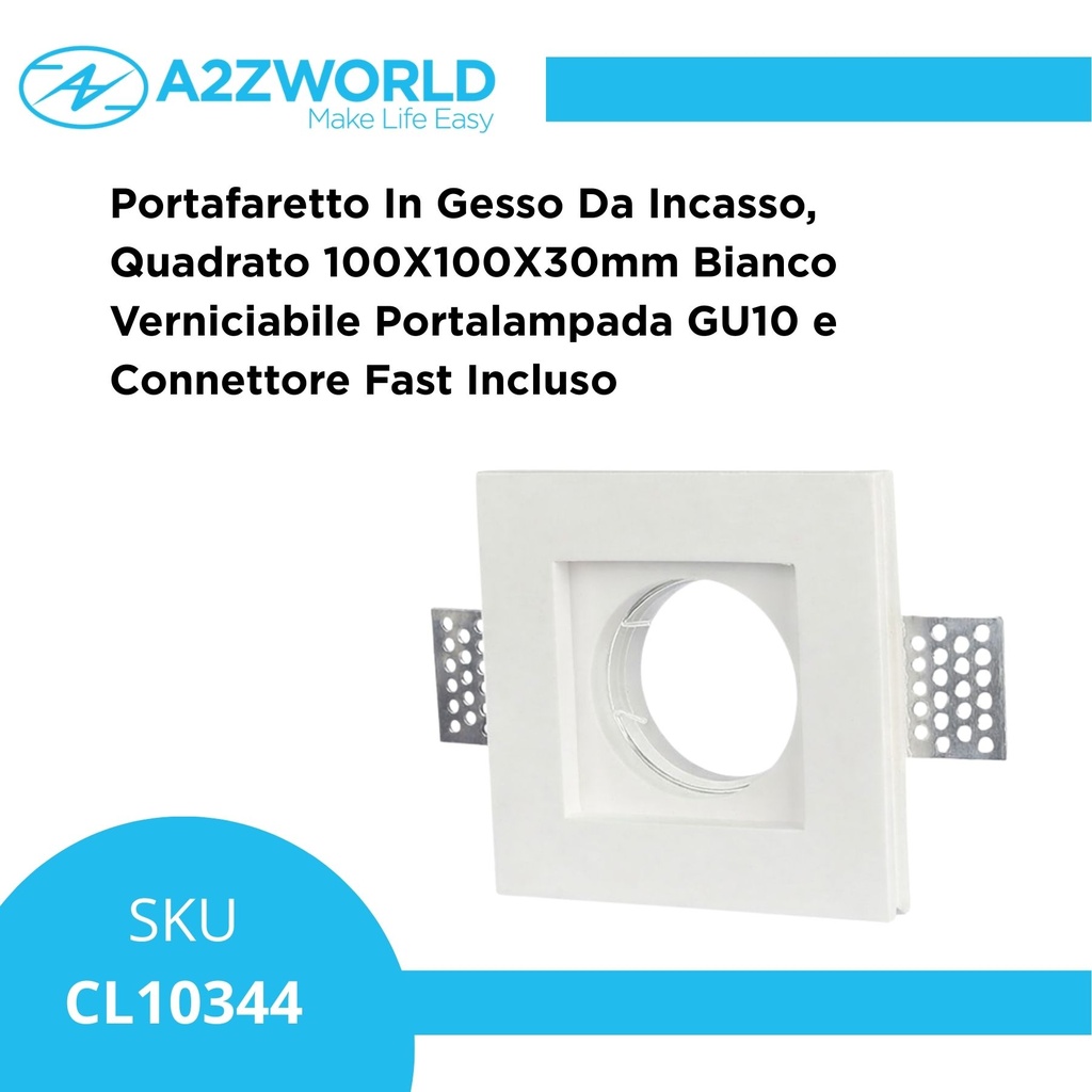 Portafaretto In Gesso Da Incasso, Quadrato 100X100X30mm Bianco Verniciabile Portalampada GU10 e Connettore Fast Incluso