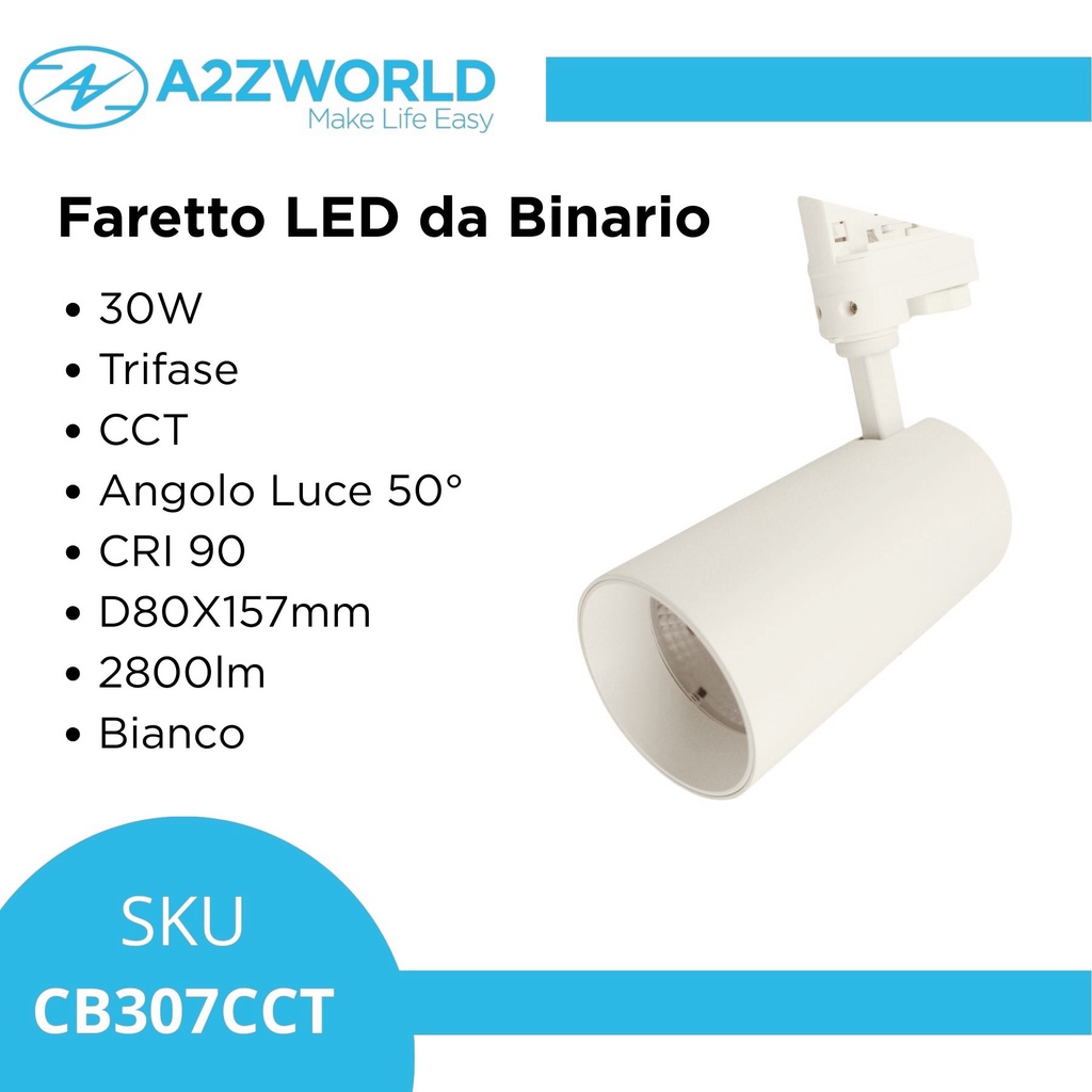 Faro Lampada Led A Binario 30W 2800lm Trifase CCT Angolo Luce 50° CRI>90 UGR<19, 3000K 4000K 6000K 3 In 1 D80X157mm