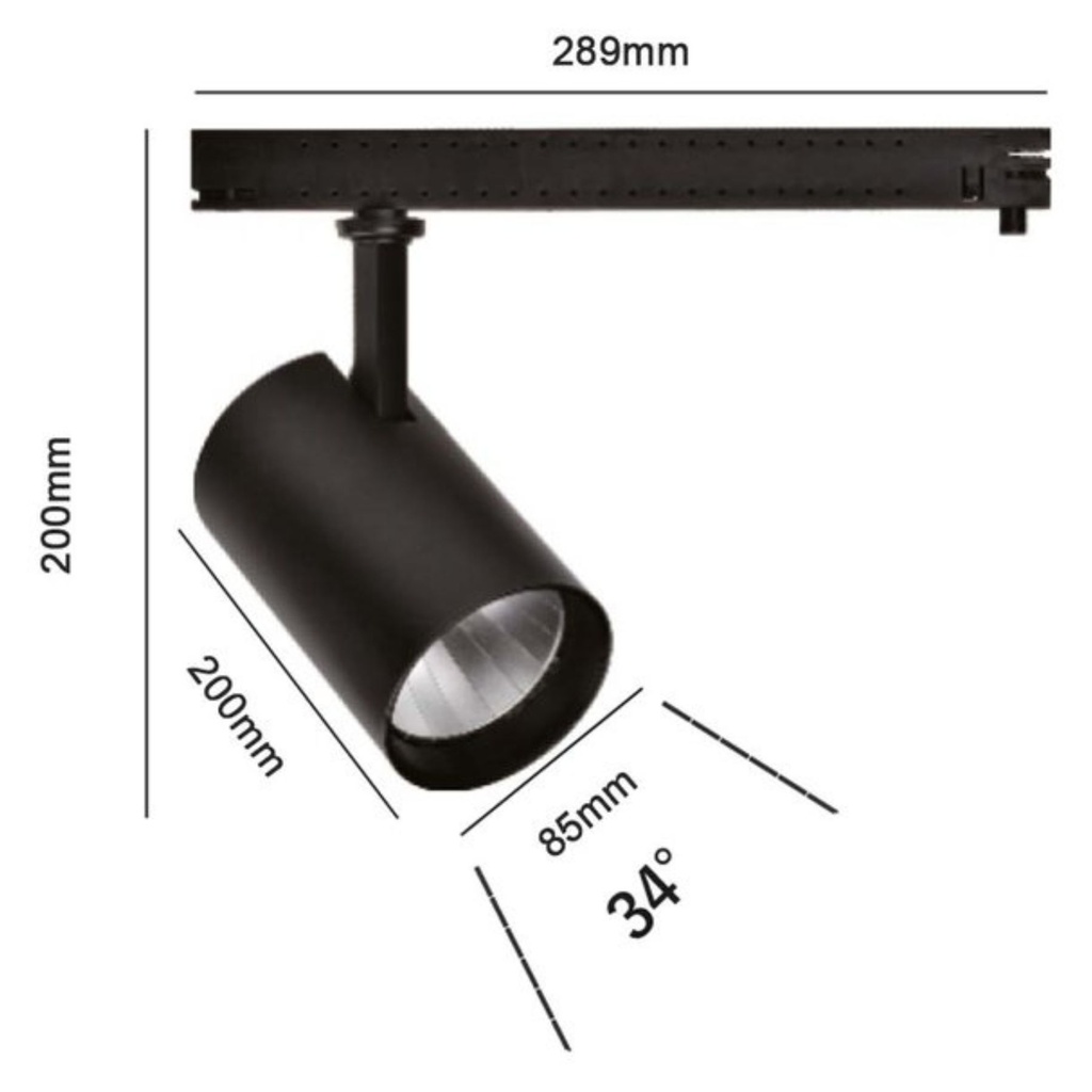 2 Kit Fari LED Binario Trifase 30W 4000LM, Corpo Nero, CRI>90 UGR<19 Angolo 120°, D85X128mm, Driver Alimentatore a Scomparsa Lunga 289mm